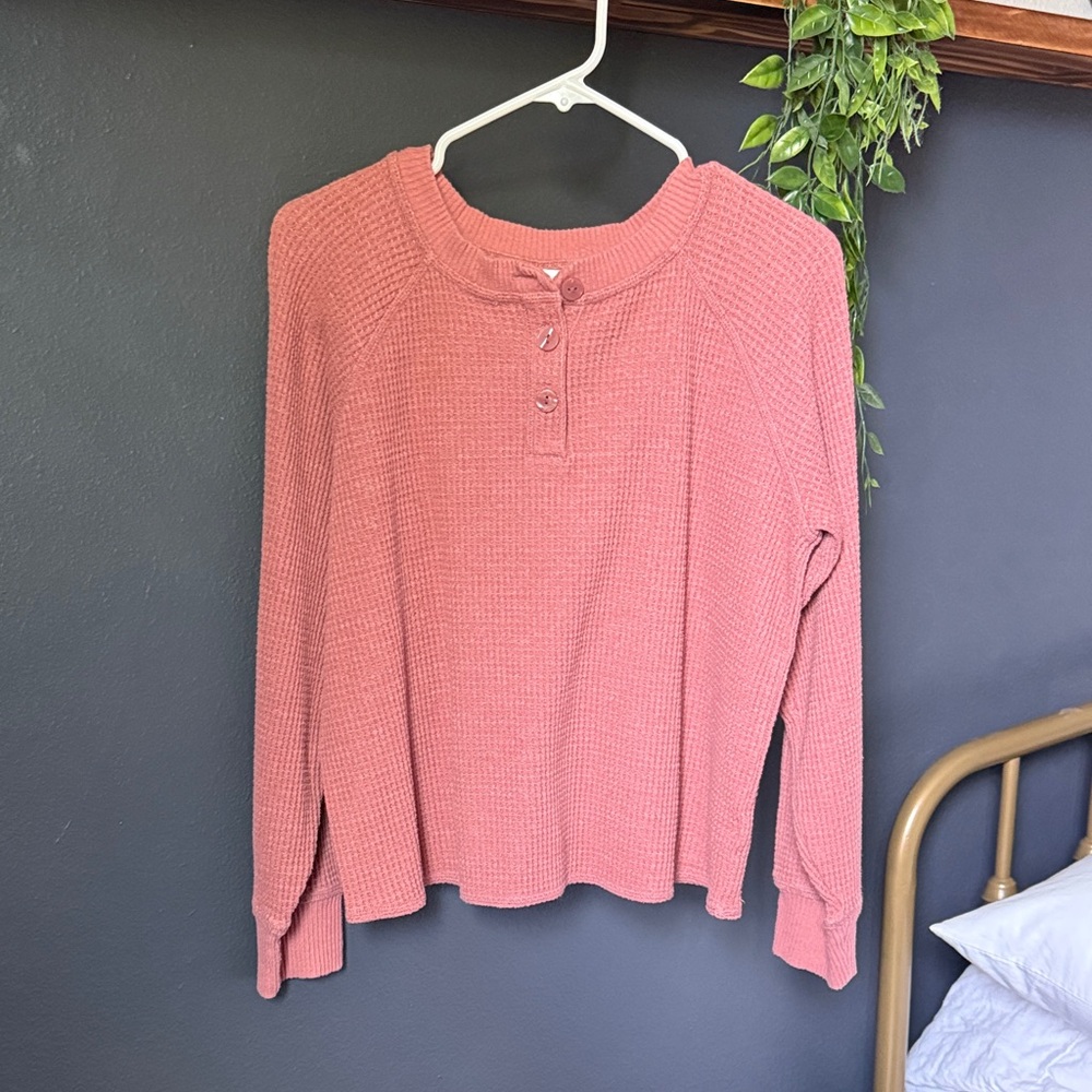 Old Navy Pink Waffle Knit Long Sleeve Henley Top